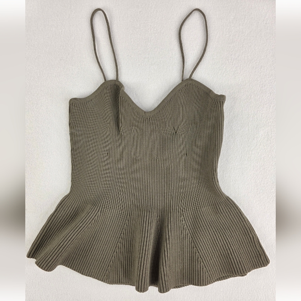Debut M/L Ribbed Knit Peplum Cami Top in Olive 2596-M